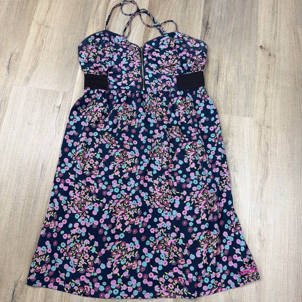 Billabong Floral Mini Dress Large Straps Crisscross Back Front Zip Boho